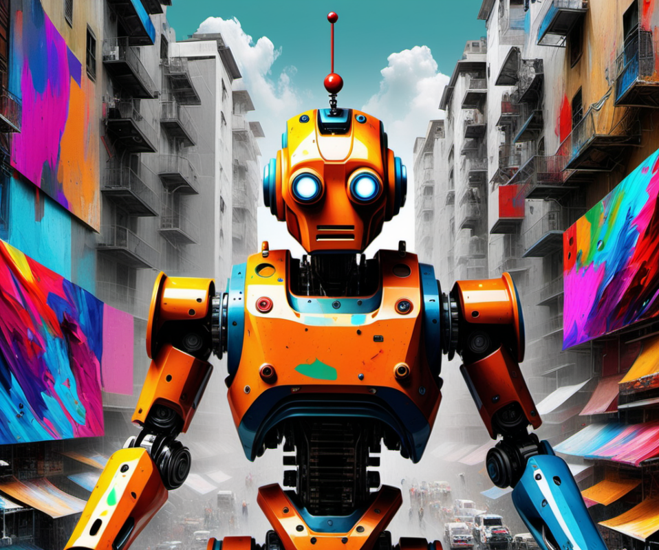A robot in a colorful city